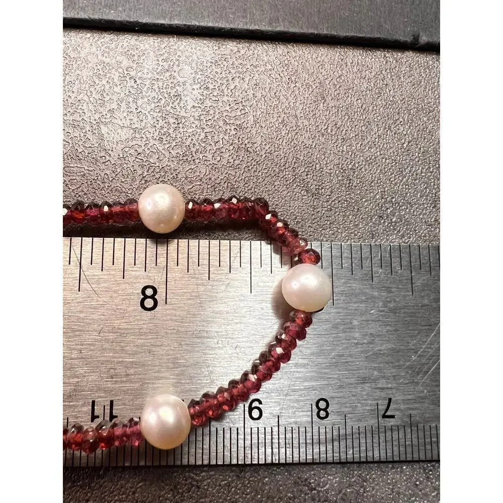 14k gold garnet and pearl station necklace 18 inches